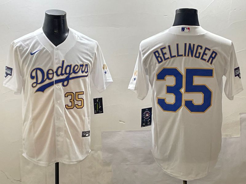 Men Los Angeles Dodgers #35 Bellinger White Gold Game 2025 Nike MLB Jersey style 12